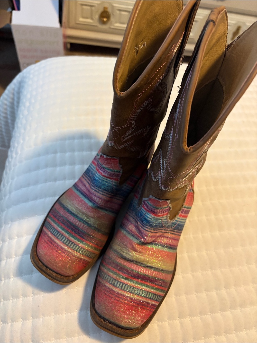 Roper-Brown Leather & Multicolor Striped Girls Western Boots
